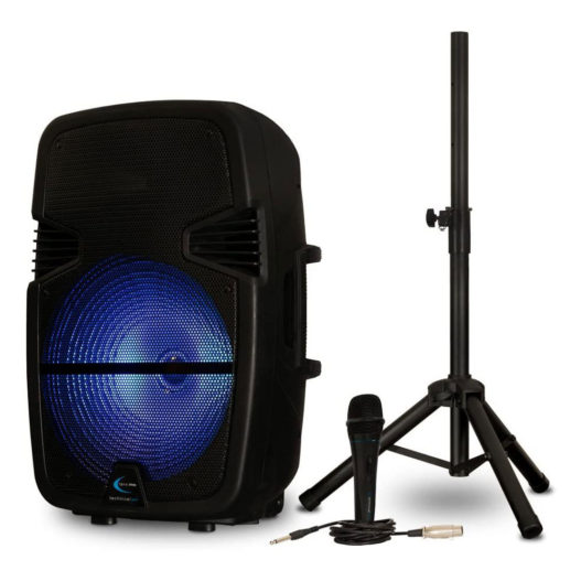 Technical Pro PB15FM Bluetooth Powered LED Speaker with FM Radio Battery Mic and Stand